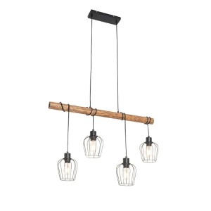 QAZQA Ländliche Hängelampe Schwarz mit Holz 4-flammig Stronk