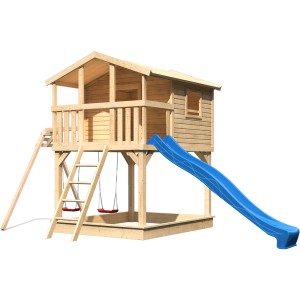 Karibu Stelzenhaus Benjamin mit Doppelschaukel und blauer Rutsche aus Holz.