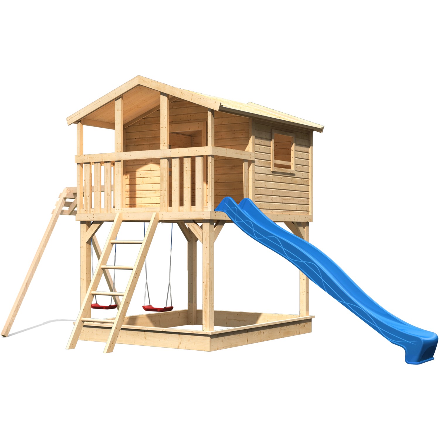 Karibu Stelzenhaus Benjamin mit Doppelschaukel und blauer Rutsche aus Holz.