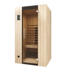 Weka Infrarotkabine Tanilla 1 mit Linienstrahler und Glastür aus Fichtenholz.