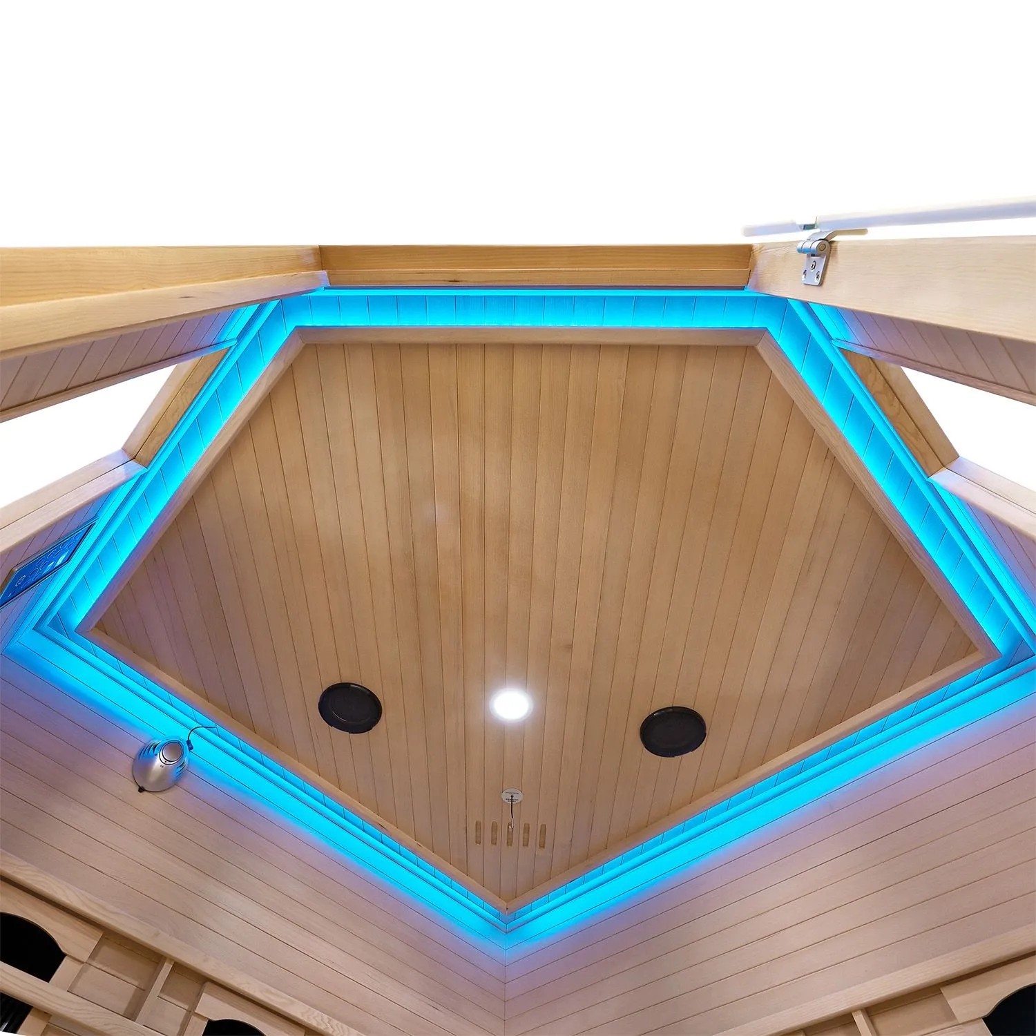 Innenansicht der Artsauna Infrarotkabine Nyborg E150K mit LED-Beleuchtung und Hemlockholz.
