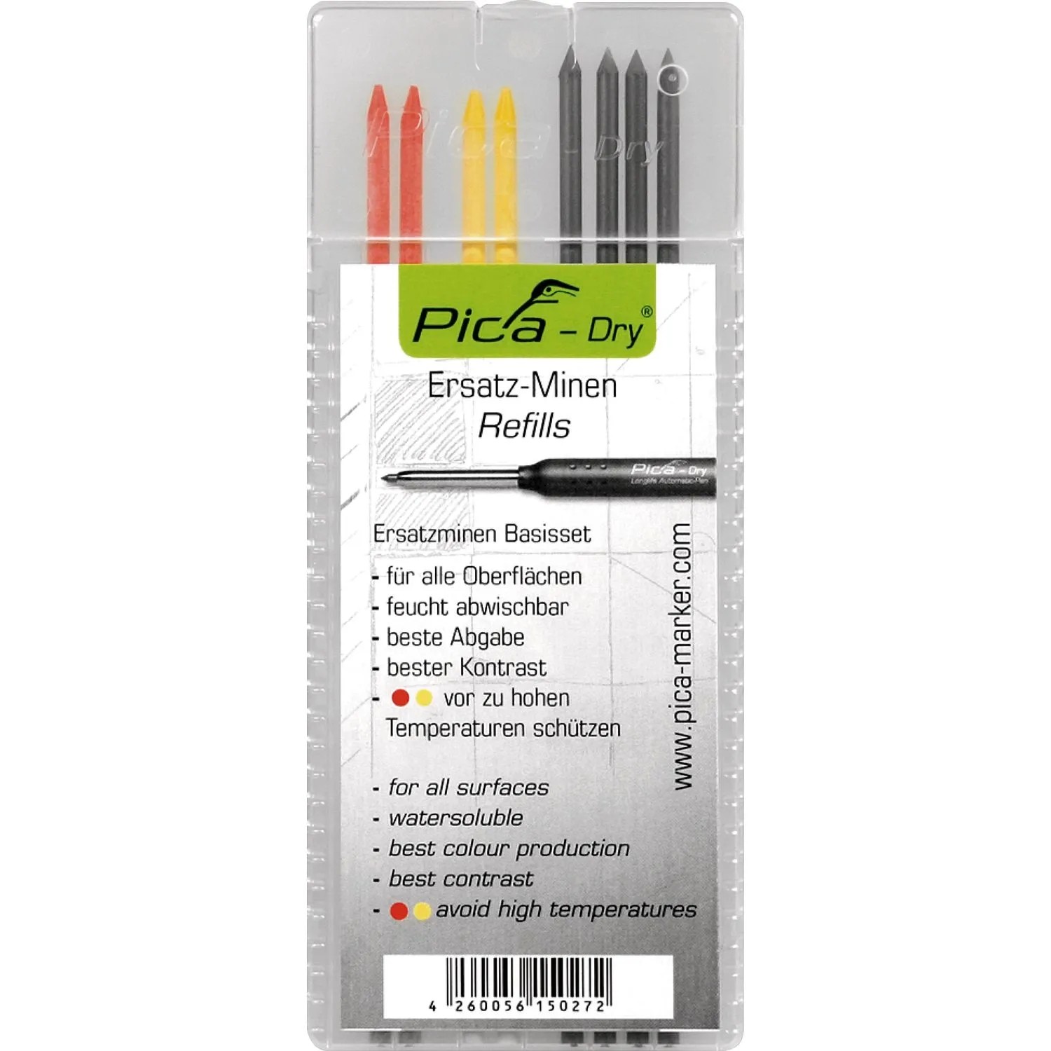 Pica Dry Ersatzminen Set: Graphit 2B, Gelb, Rot in transparenter Box für Tieflochmarker.