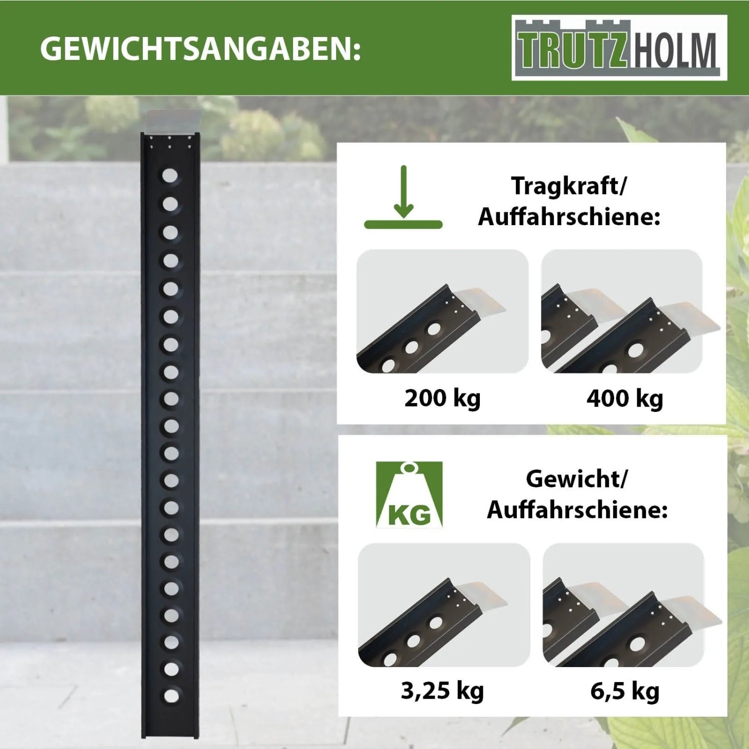 TRUTZHOLM Auffahrschiene: Gewichts- und Tragkraftangaben der schwarzen Alu-Rampe mit Löchern.