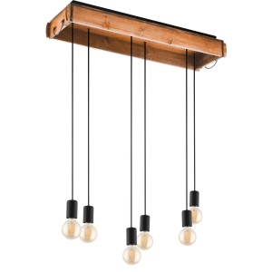 Moderne Eglo Hängeleuchte Wootton mit 6 Leuchten, Holz- und Metalldesign in Braun und Schwarz.