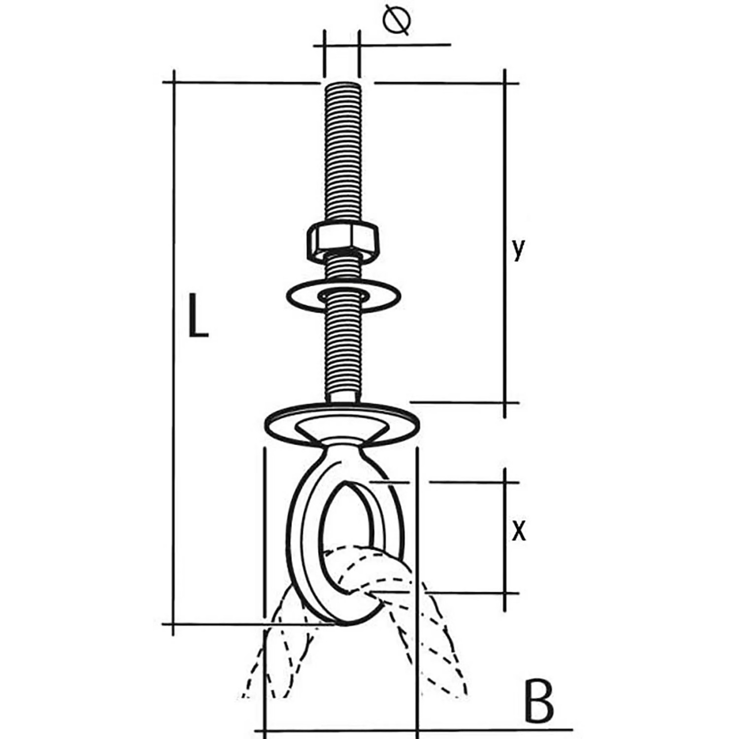 Technische Zeichnung: Conacord Augbolzen, V4A-Stahl, rostfrei, Ø 6 mm x 85 mm, mit Maßangaben.