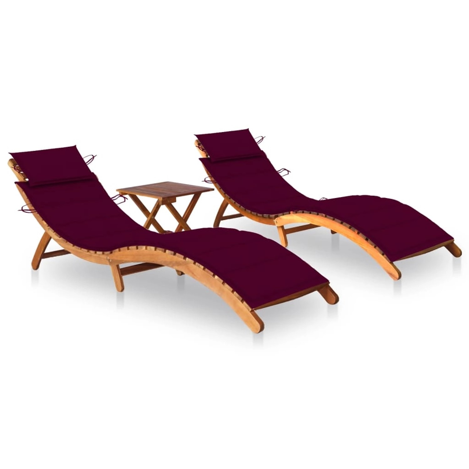 Thumbnail - VidaXL Sonnenliegen 2 Stk. mit Tisch und Auflagen Kissenfarbe  Weinrot Massivholz Akazie