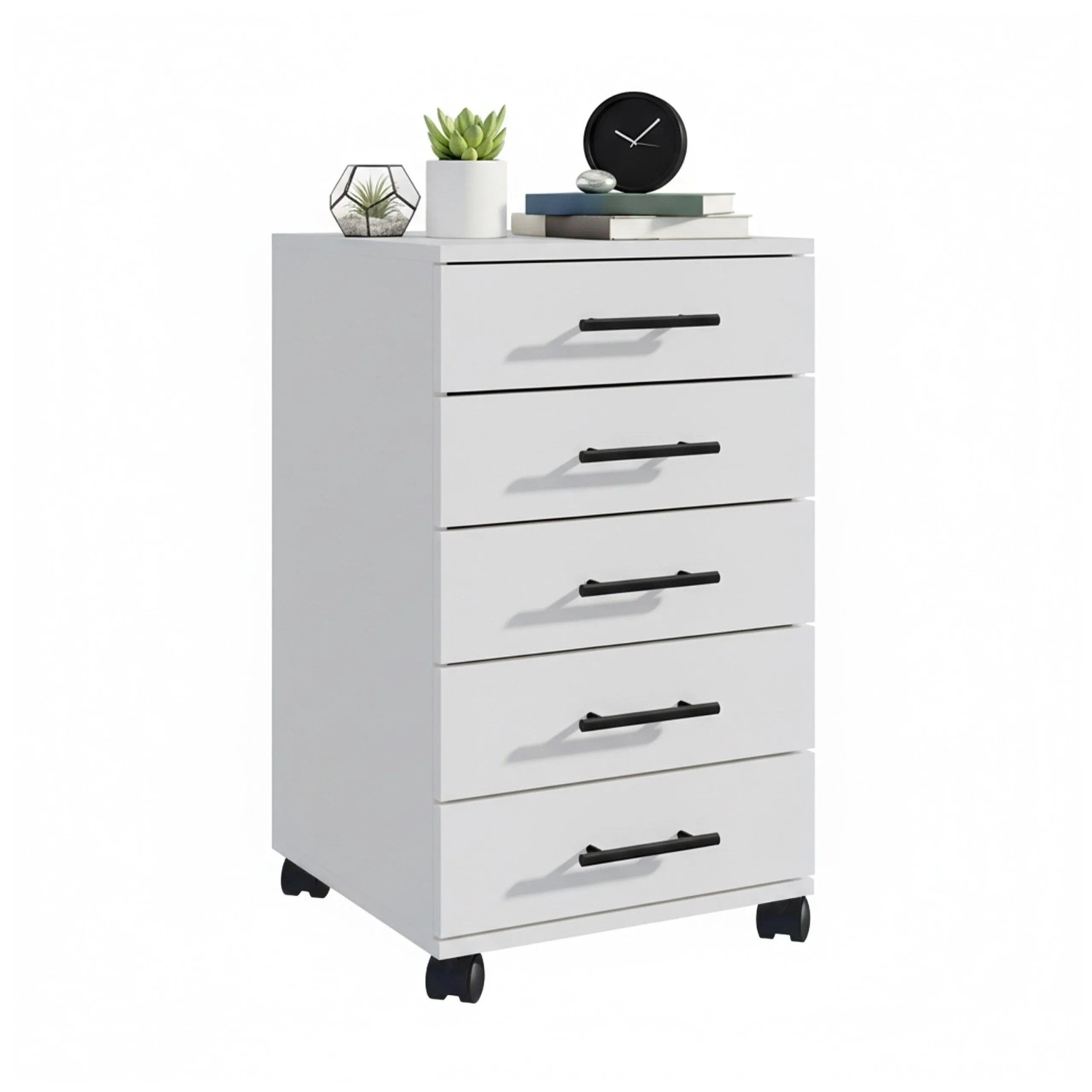 Relaxdays Rollcontainer Holzwerkstoff Weiß 5 Schubladen Mit Rollen Feststellbremse 69 cm x 40 cm x 40 cm 16,4 kg