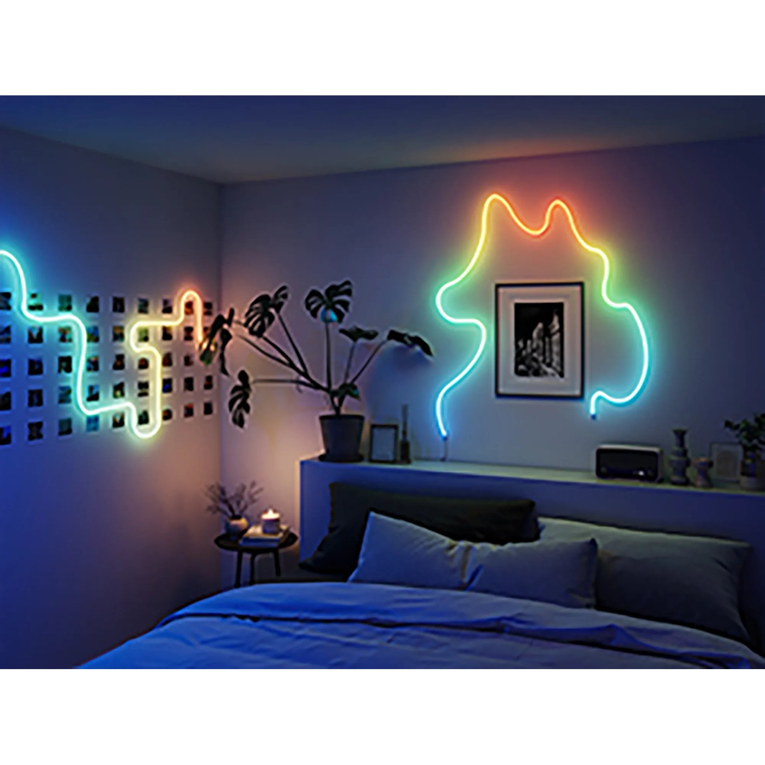 Govee Neon Lichtschlauch H61D4-W, 2 weiße LED-Streifen in Wohnraum-Szene mit RGBIC Farben.