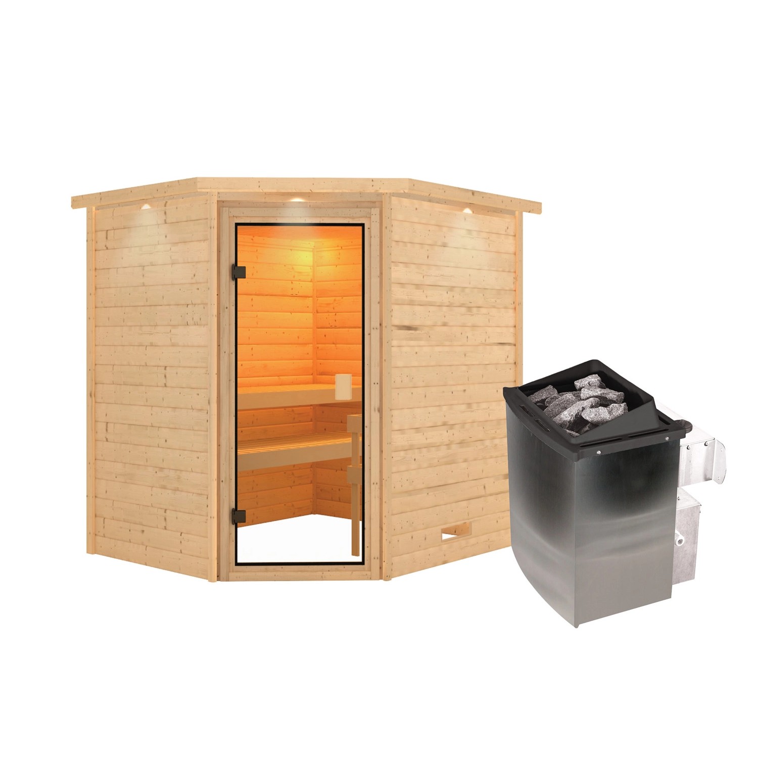 Karibu Sauna Elea mit Kranz Set Naturbelassen mit Ofen 9 kW integr. Steueru günstig online kaufen