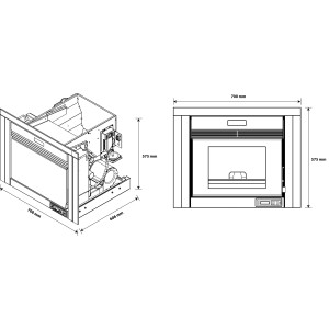 Sannover Pellet-Einsatz Idelya 9 kW: Technische Zeichnung mit isometrischer und Frontansicht, Maße 700x606x575 mm.