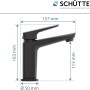 Schütte Waschtischarmatur Raven, schwarz-matt, mit Maßangaben.