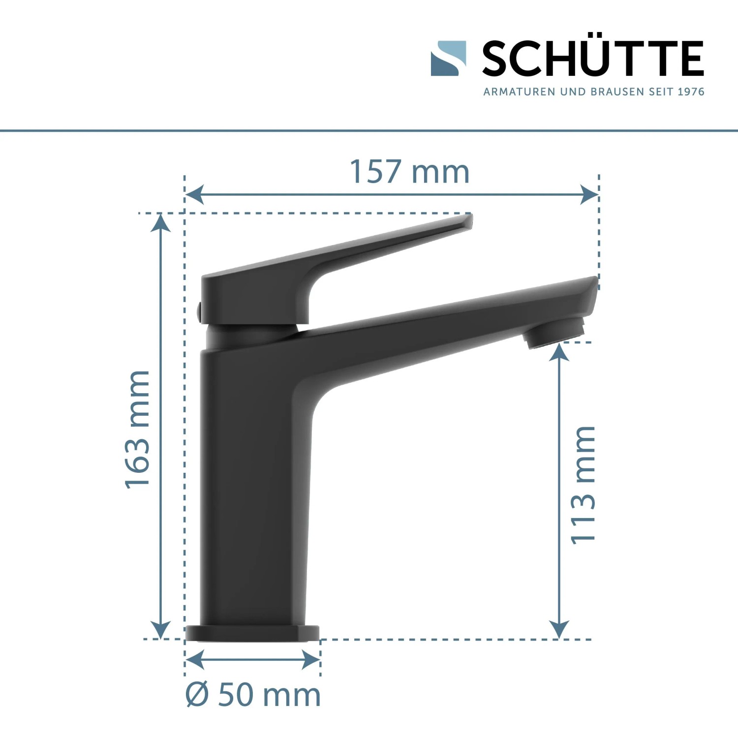 Schütte Waschtischarmatur Raven, schwarz-matt, mit Maßangaben.