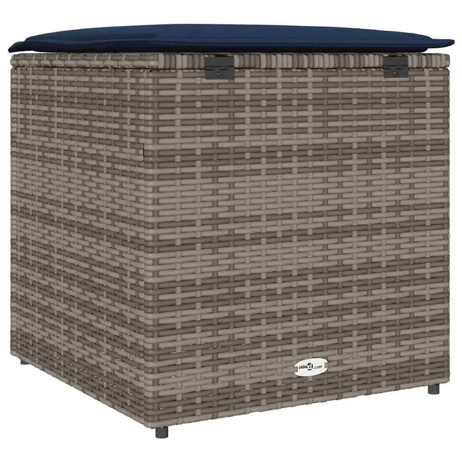 Graue vidaXL Kissenbox aus Poly-Rattan, 50x50x50 cm, zur Aufbewahrung im Garten.