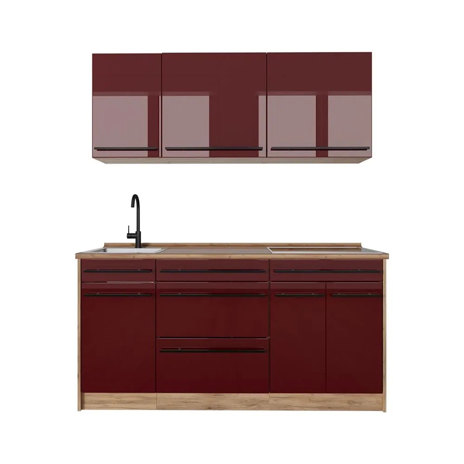 Vicco Singleküche R-Line Rot Hochglanz/Goldkraft Eiche 160 x 82 ohne Arbeitsplatte Art Nr 66165