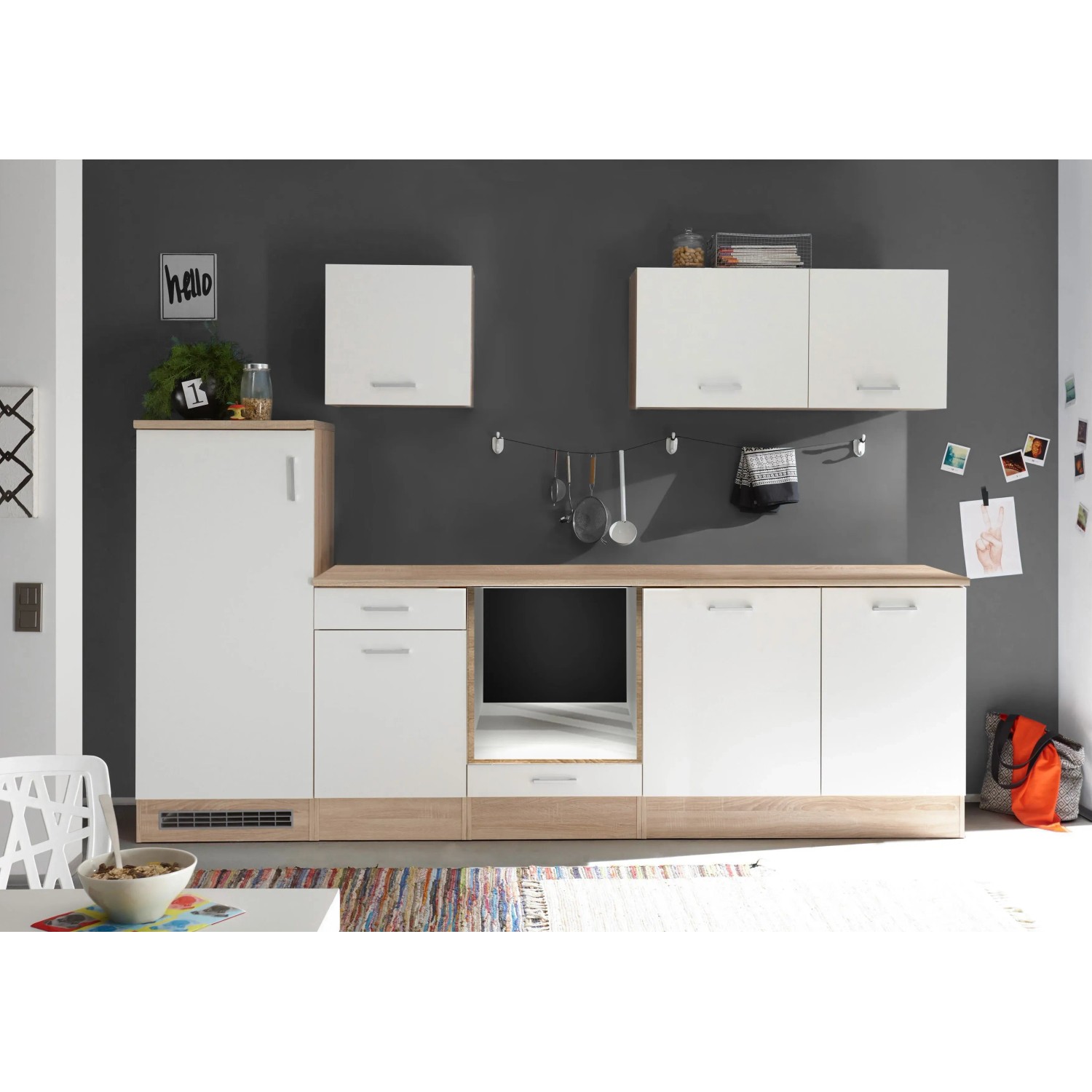 Respekta Küchenzeile Petunia LBKB280ENWP, 280 cm breit, in Weiß und Holzoptik. Ohne Elektrogeräte.