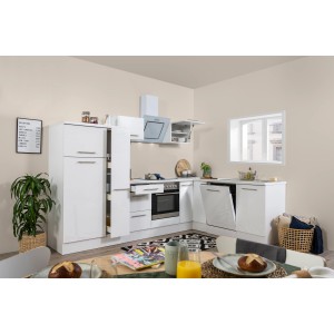 Respekta Premium Winkelküche RP290WWC in Weiß Hochglanz mit E-Geräten und Lifttüren.