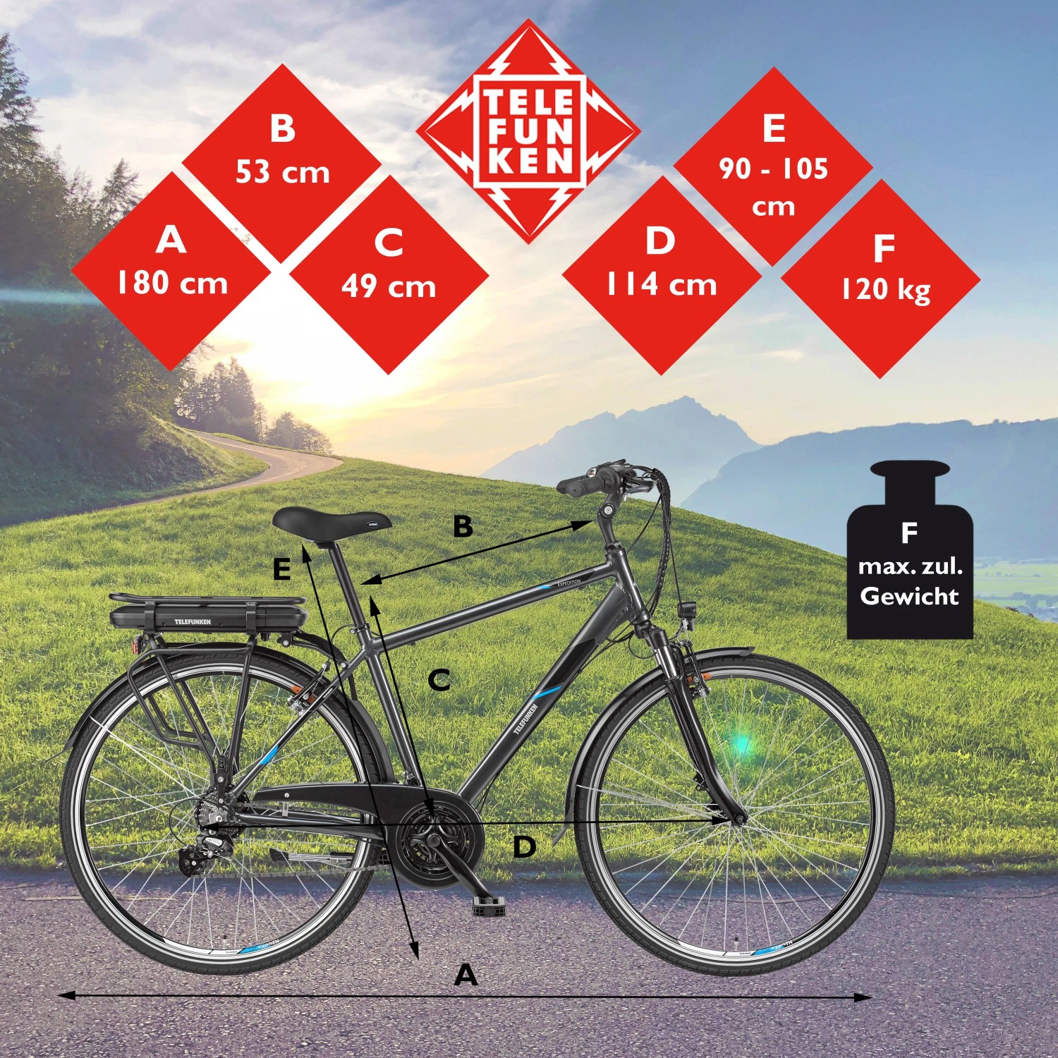 Telefunken Trekking E-Bike XT481 mit Maßangaben und max. zulässigem Gewicht.