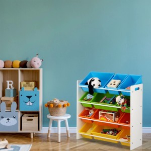 Relaxdays Kinderregal mit weißen MDF-Seiten und bunten Kunststoff-Regalboxen in Blau, Grün, Orange, Gelb für Spielzeug.