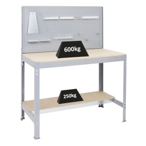 Graue Werkbank Quick Buffalo mit Werkzeugwand und Zubehör, Traglast 600 kg.