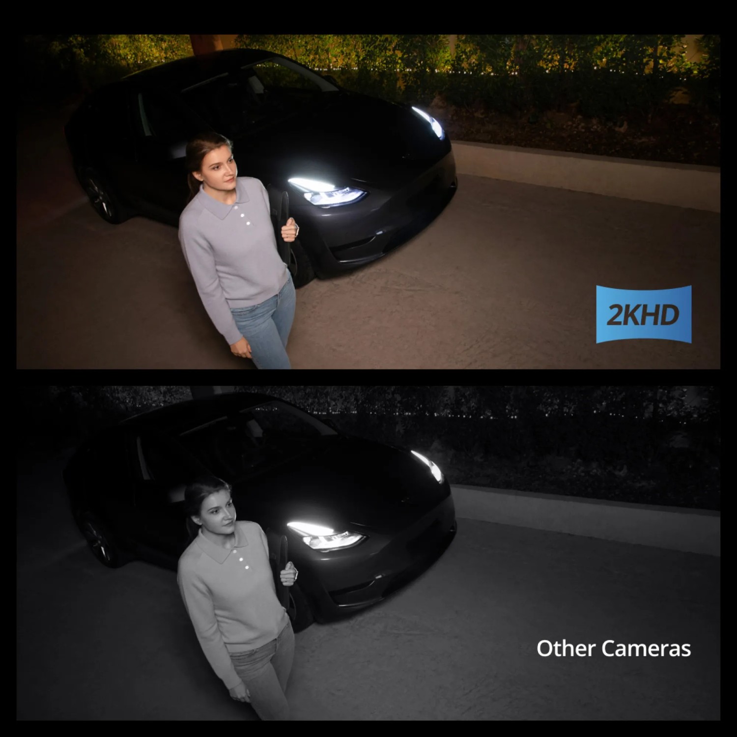 Eufy Wandleuchte mit Kamera S100: Frau vor Auto, 2K HD Farbbild vs. Schwarzweiß-Nachtsicht.