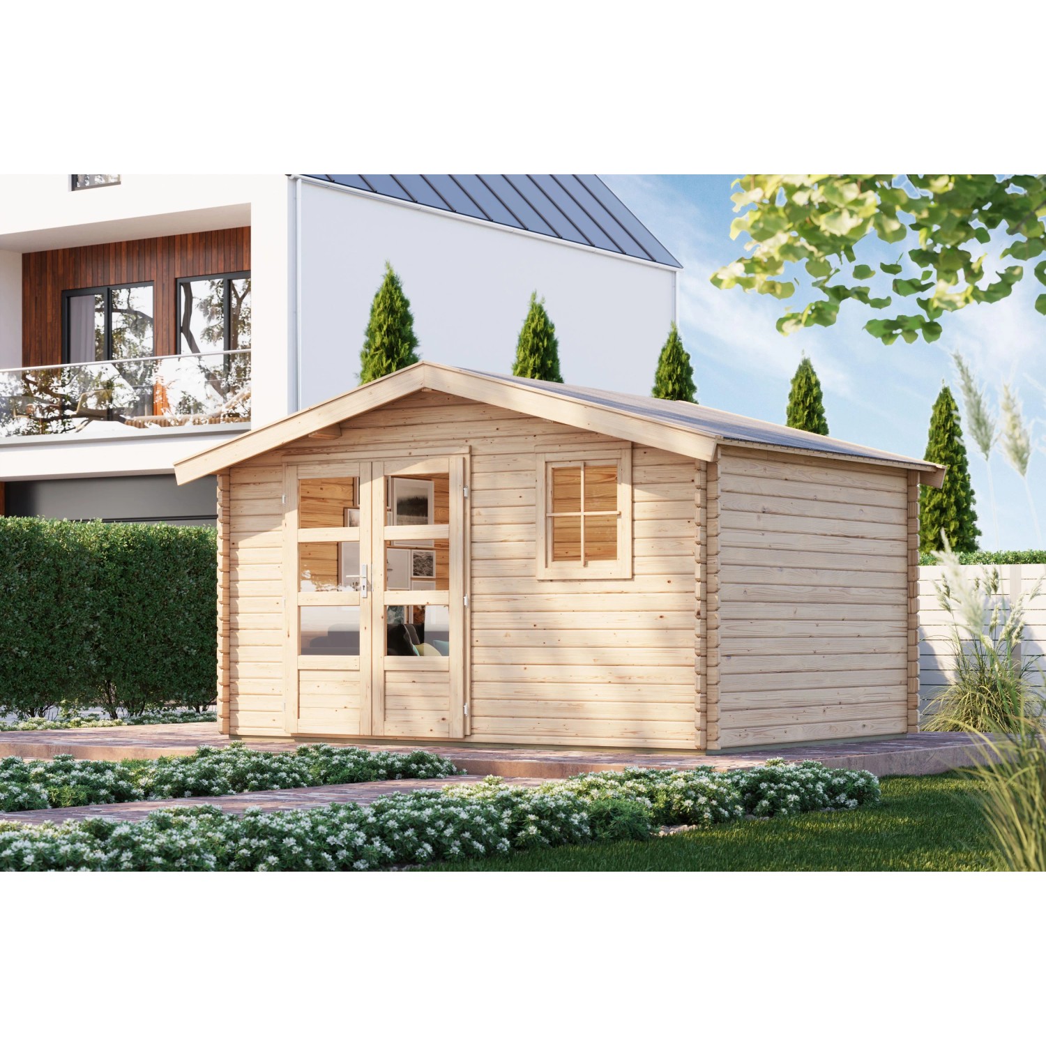 Karibu Holz-Gartenhaus Arosa Natur Satteldach Unbehandelt 372 cm x 282 cm