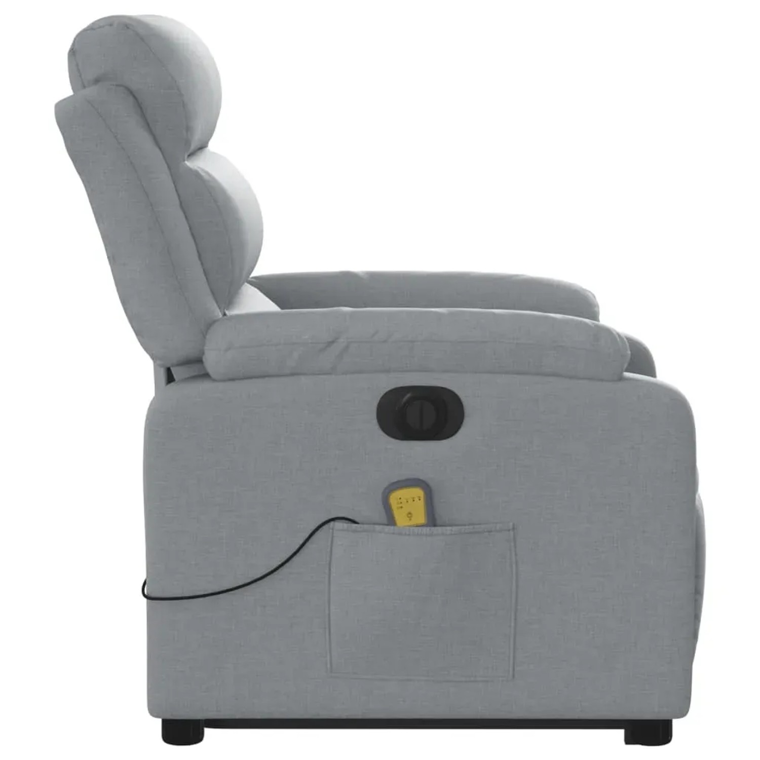 Elektrischer Massagesessel mit Aufstehhilfe, hellgrauer Stoff, Seitenansicht.