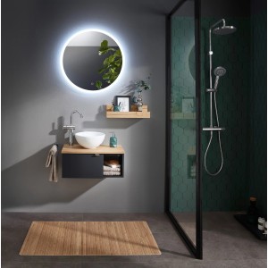 Pelipal Badmöbel-Set Serie 6915 in Schwarz/Halifax Eiche mit rundem Spiegel (70 cm) und Aufsatzwaschbecken.