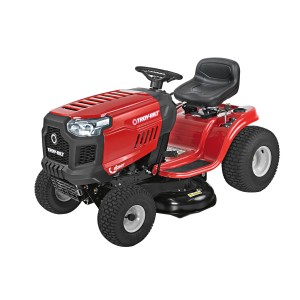 Roter Troy-Bilt Rasentraktor Pony 92 T-S Select mit Seitenauswurf.
