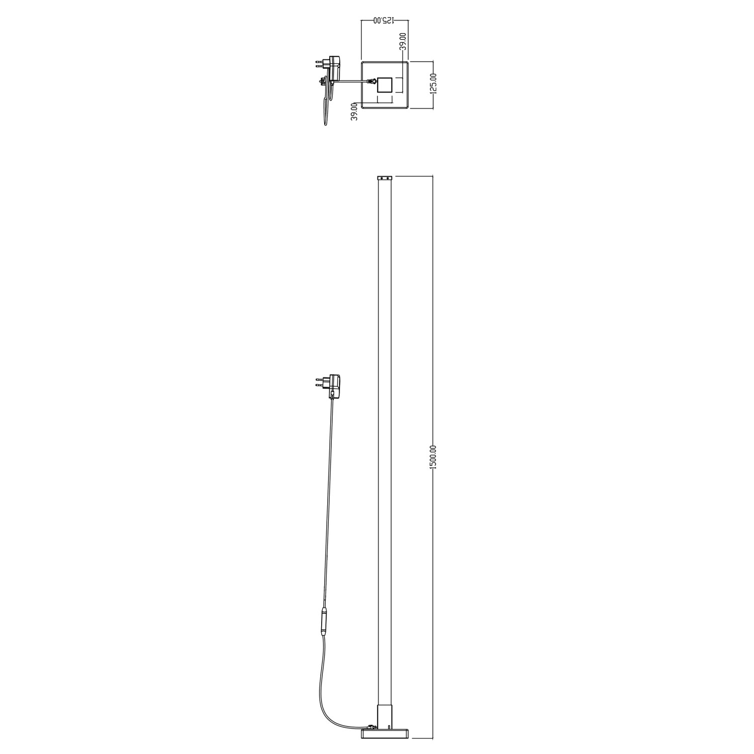 Skizze der weißen LED-Stehlampe Neele von Brilliant mit Maßangaben.
