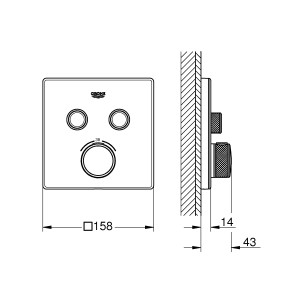 Grohe Grohtherm SmartControl Thermostat, Moon White, eckig, mit Absperrventilen. Schemazeichnung.