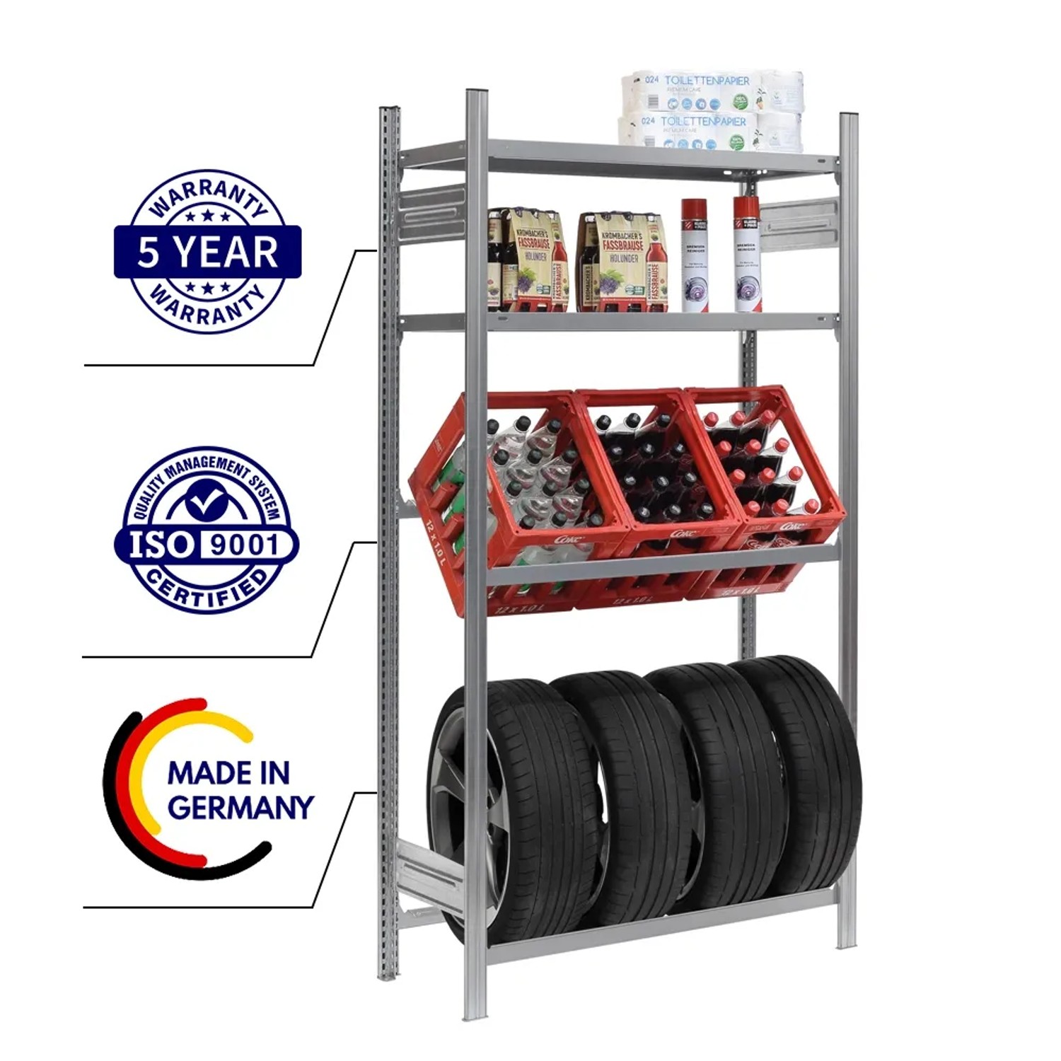 PROREGAL Getränkekisten- & Reifenregal Chiemsee Tire, verzinkt, mit 3 Kisten, 4 Reifen und 2 Boards.