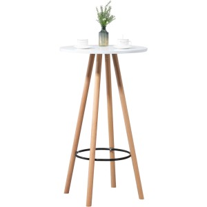 Runder CLP Stehtisch Livia in Weiß mit naturfarbenen Holzbeinen und schwarzer Fußstütze im skandinavischen Design.