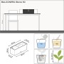 Lechuza Balconera Stone 50, Quarzweiß, Bemaßungsskizze des Blumenkastens und Details zur Bewässerung.