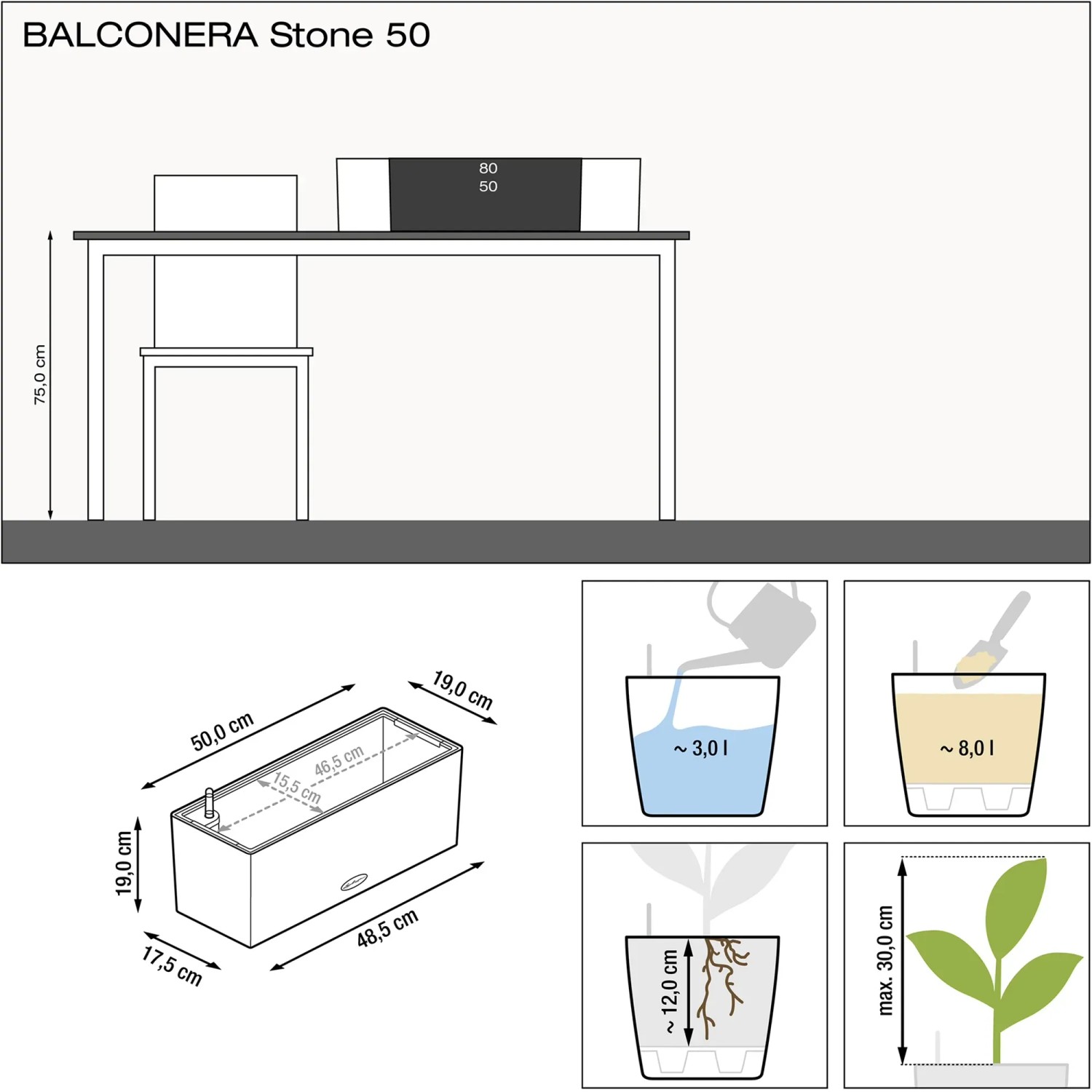 Lechuza Balconera Stone 50, Quarzweiß, Bemaßungsskizze des Blumenkastens und Details zur Bewässerung.