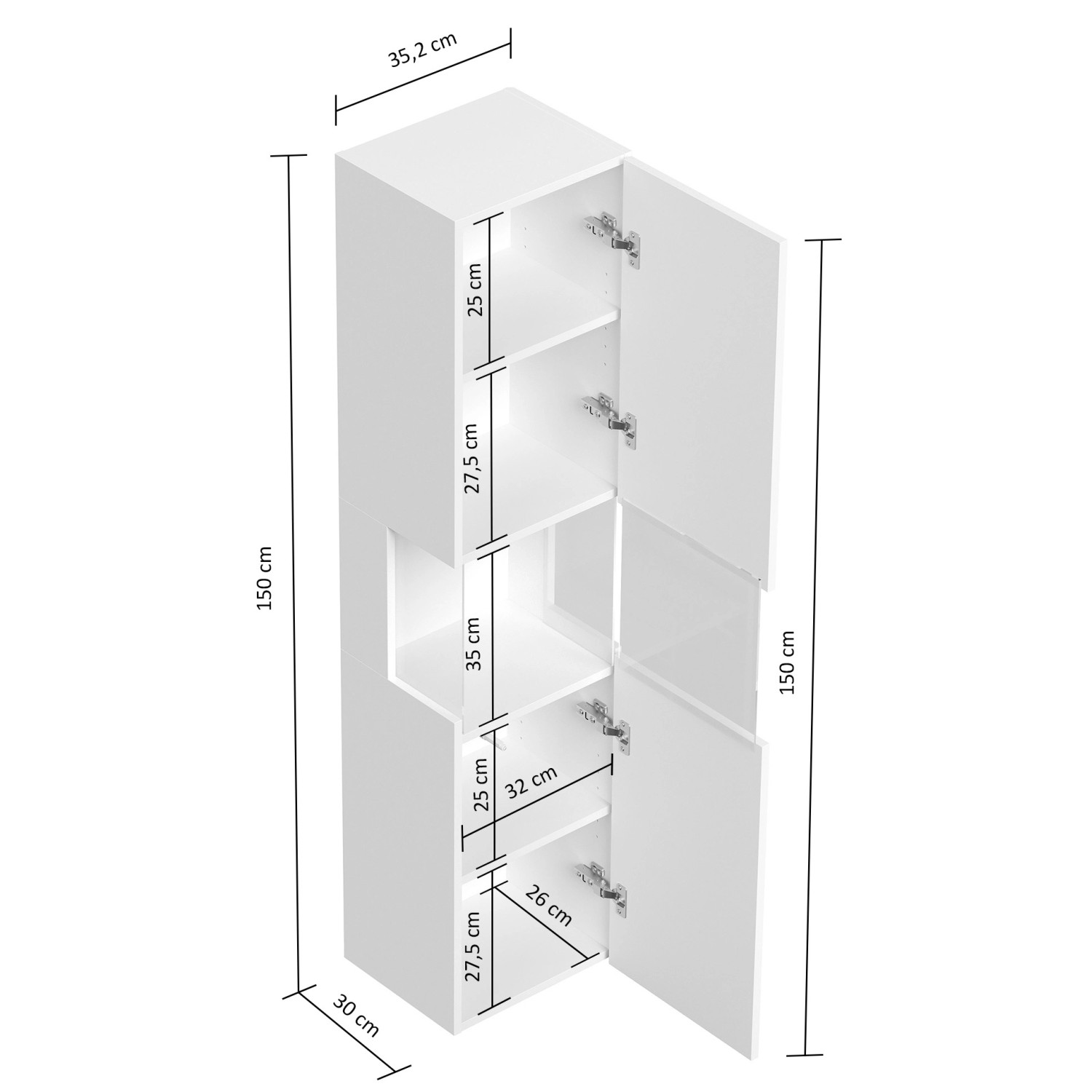 Posseik Bad Hochschrank Limes, 150 cm, weiß, mit offenen und geschlossenen Fächern, Maße eingezeichnet.
