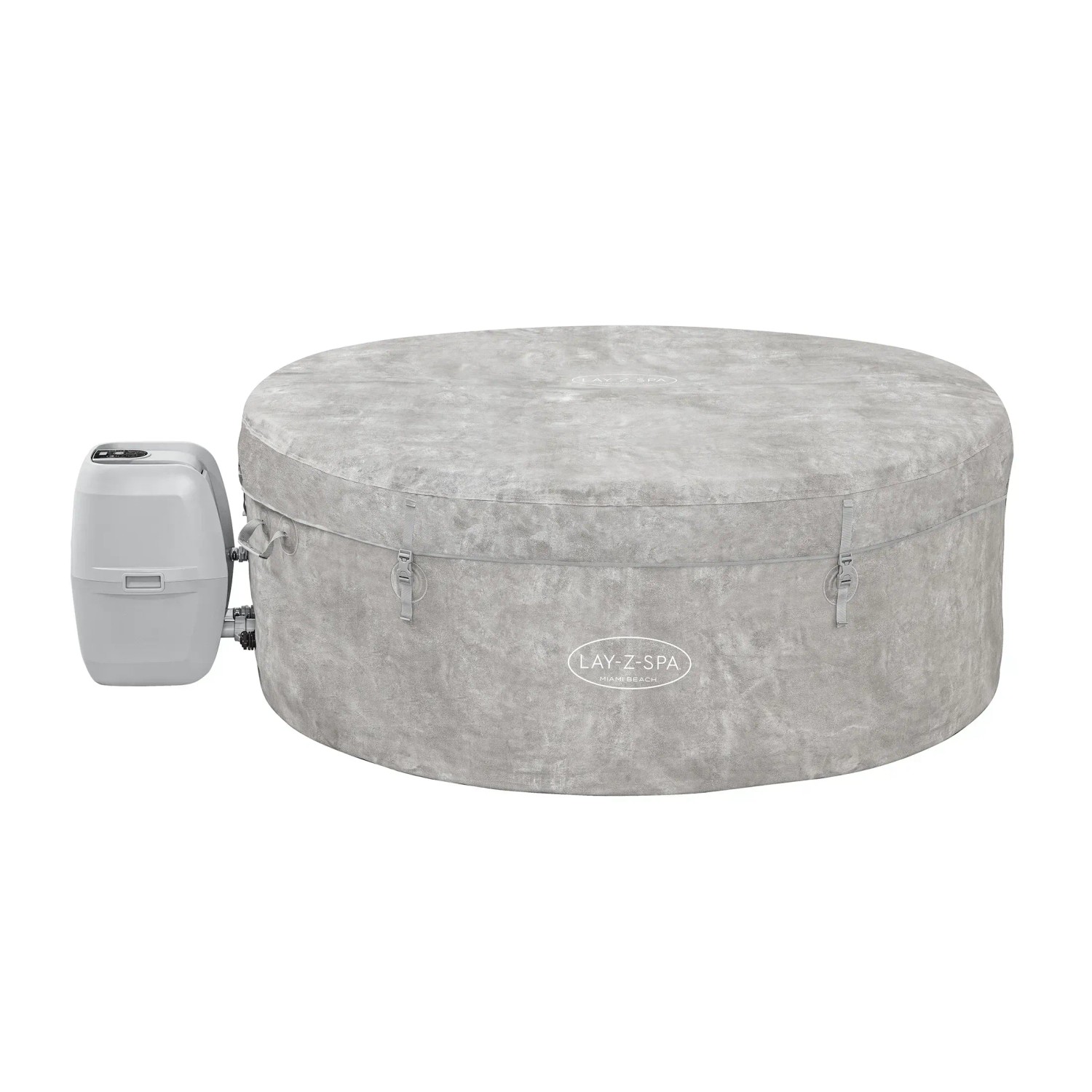 Bestway Lay-Z-Spa ECO Miami Beach AirJet, runder aufblasbarer Whirlpool in Grau mit Pumpe.