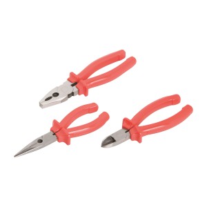 Ellix Zangen Set, 3-teilig: Kombizange, Seitenschneider, Telefonzange mit roten Griffen.