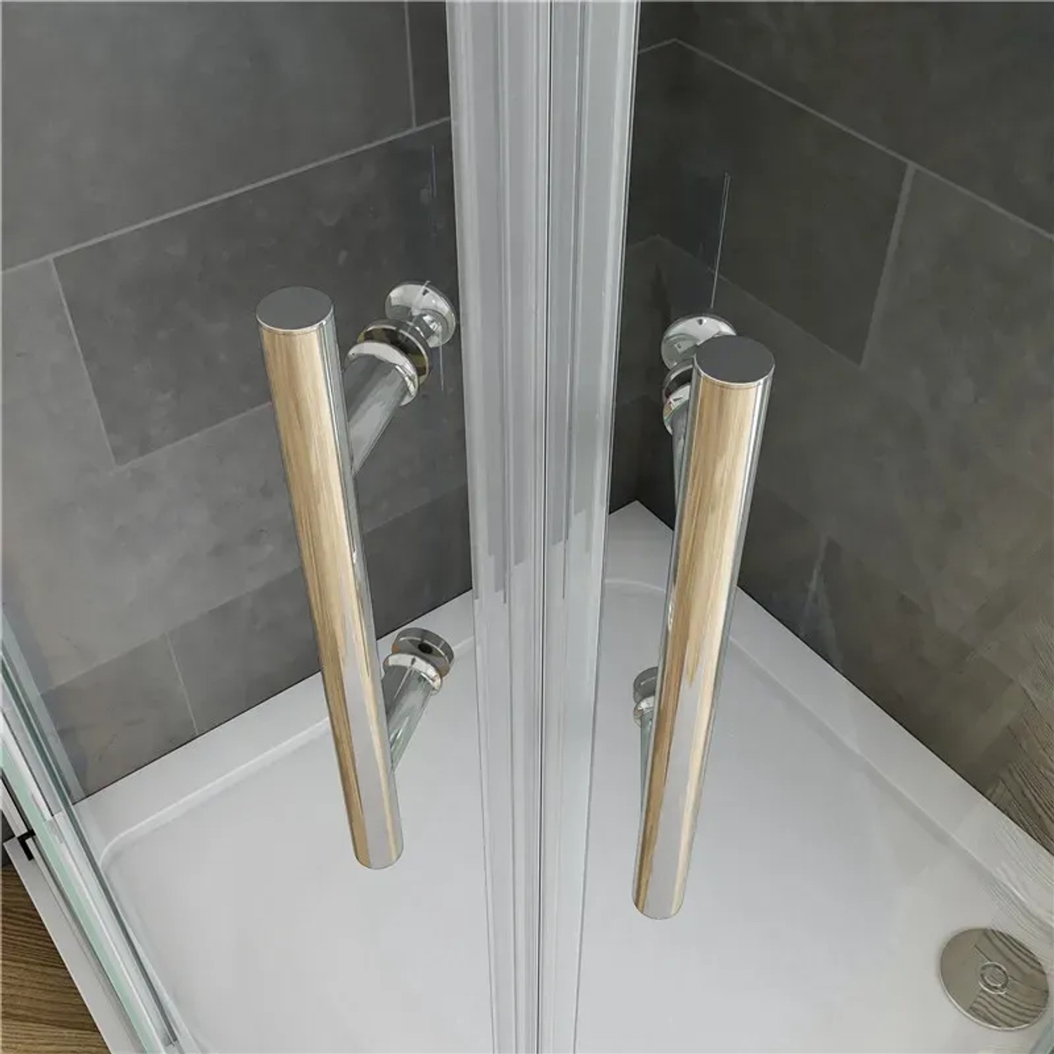 AICA Runddusche 90x90 mit Drehtür, ESG-Glas und Chromgriffen. Viertelkreis Duschkabine.