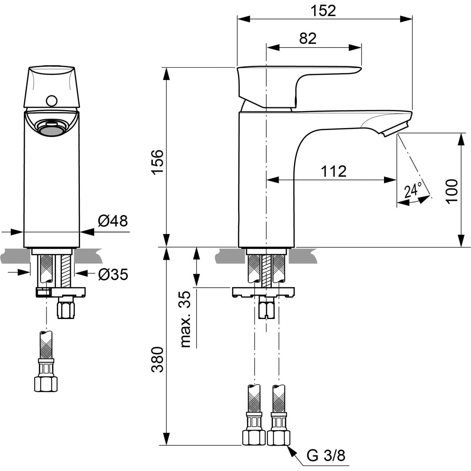 Technische Zeichnung: Ideal Standard Connect Air Waschtischarmatur, Maße und Details.