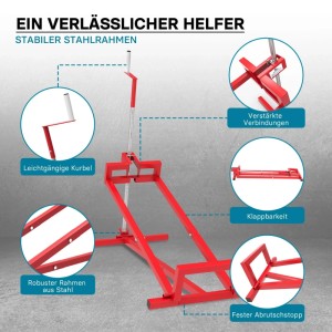 Rote Wiltec Hebevorrichtung für Aufsitzmäher & Rasentraktoren. Stabiler Stahlrahmen, Kurbel, klappbar, 400 kg Tragkraft.