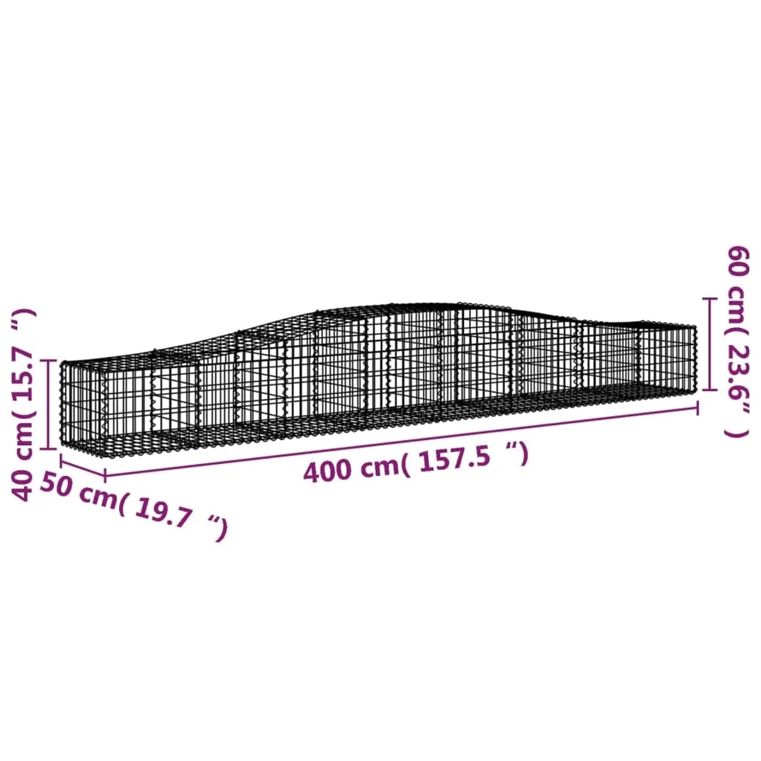 vidaXL Gabionen mit Hochbogen, 25er Set, 400x50x40/60cm, aus verzinktem Eisen.