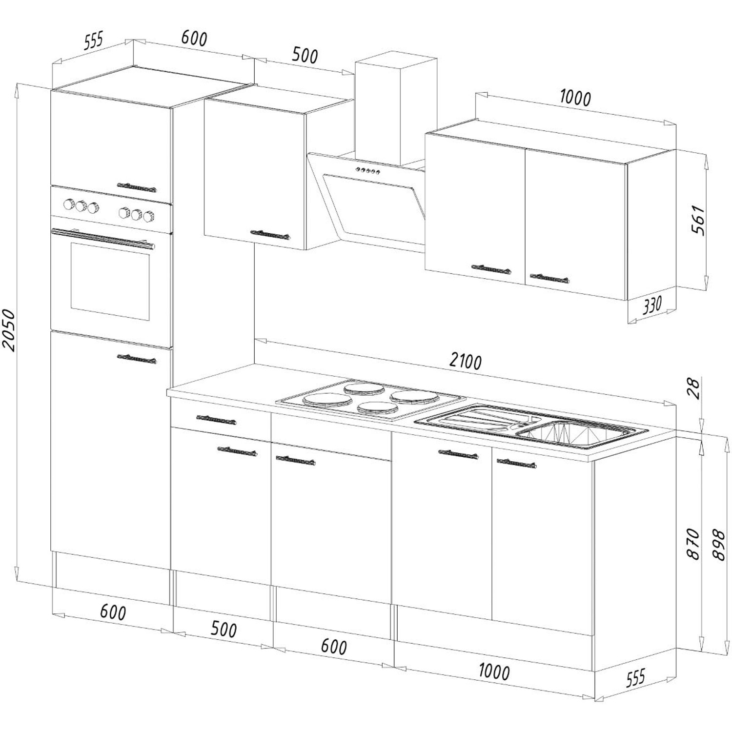 Skizze der Respekta Küchenzeile 270 cm in Weiß Seidenglanz und Eiche York Dekor, ohne Elektrogeräte.