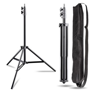 Walimex Pro Air 200 Lampenstativ Set: schwarzes Aluminium Lichtstativ ausgeklappt, zusammengeklappt mit Transporttasche.