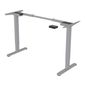 Graues, elektrisch höhenverstellbares Schreibtischgestell aus Metall mit Memory-Funktion.