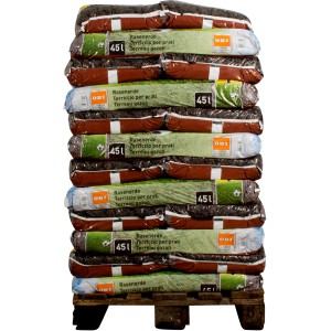 Palette OBI Rasenerde, 36 Säcke à 45L. Kultursubstrat für Rasen-Neuanlage und Reparatur.