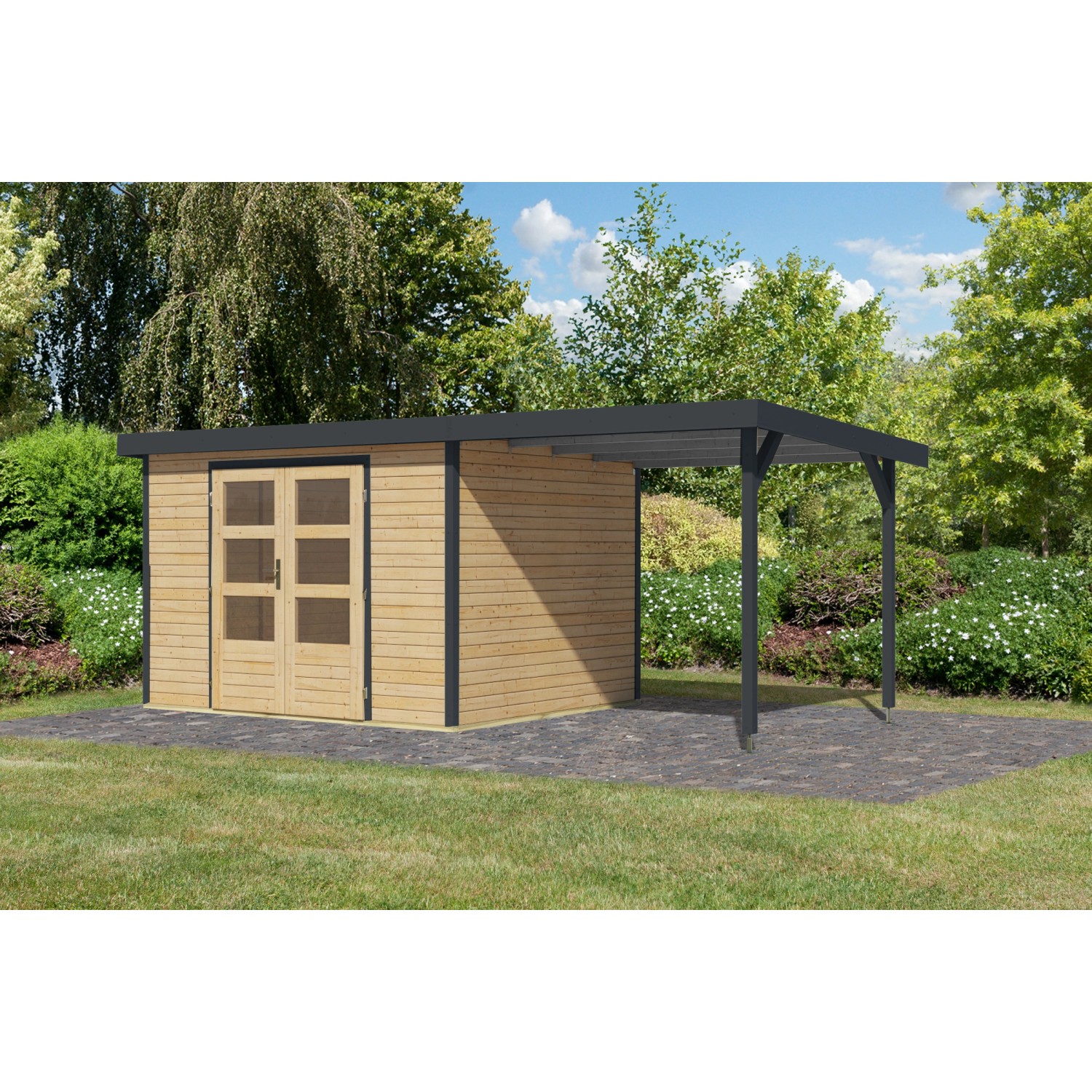 Karibu Gartenhaus Ernesto 5 A m. Anbaudach Natur/Anthrazit 209 x 298 x 242 günstig online kaufen