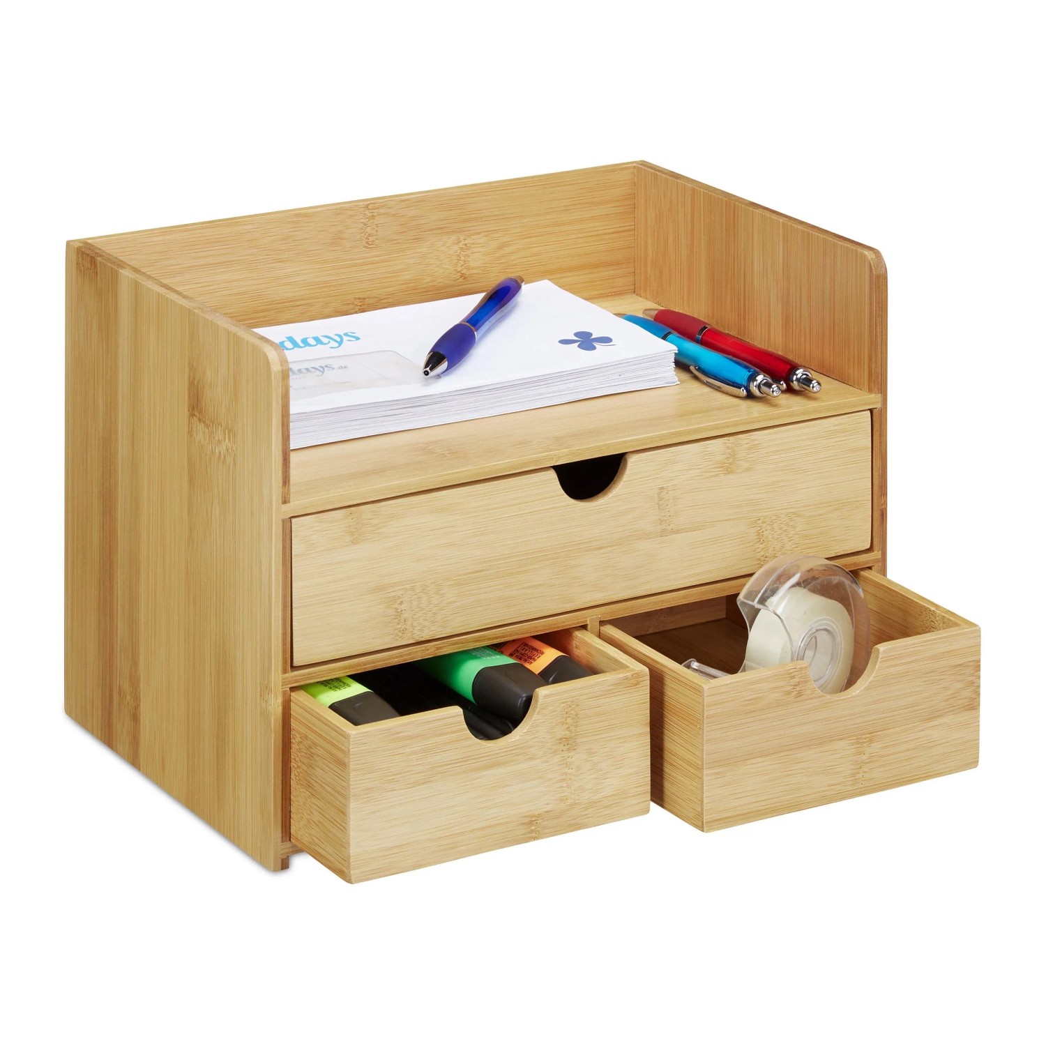 Relaxdays Schreibtisch Organizer Bambus Natur mit Schubladen 21 cm x 30 cm x 20 cm