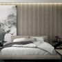 Schlafzimmer mit grauer Marburg Vliestapete Botanica 2 in Holzoptik. FSC®-zertifiziert.
