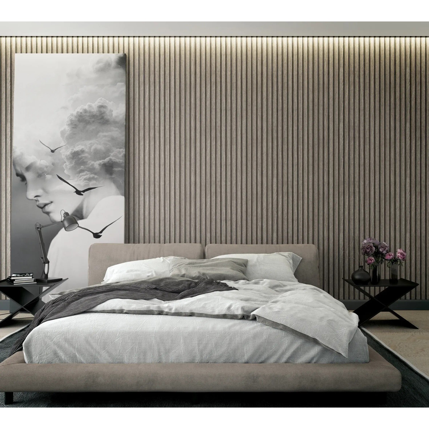 Schlafzimmer mit grauer Marburg Vliestapete Botanica 2 in Holzoptik. FSC®-zertifiziert.