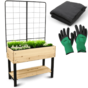 Holz4home Hochbeet mit Rankgitter, Ablage, Vlies und Handschuhen für Balkon und Terrasse.